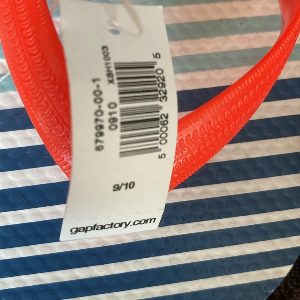 2 pairs Gap flip flops sz 10. NWOT blue/white striped. NWT neon orange striped.